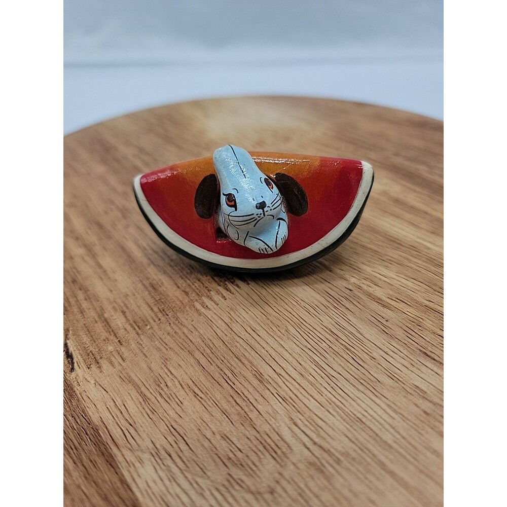 Mexican Folk Art Pottery Mouse In Watermelon Slice Small 2.5x1.5
